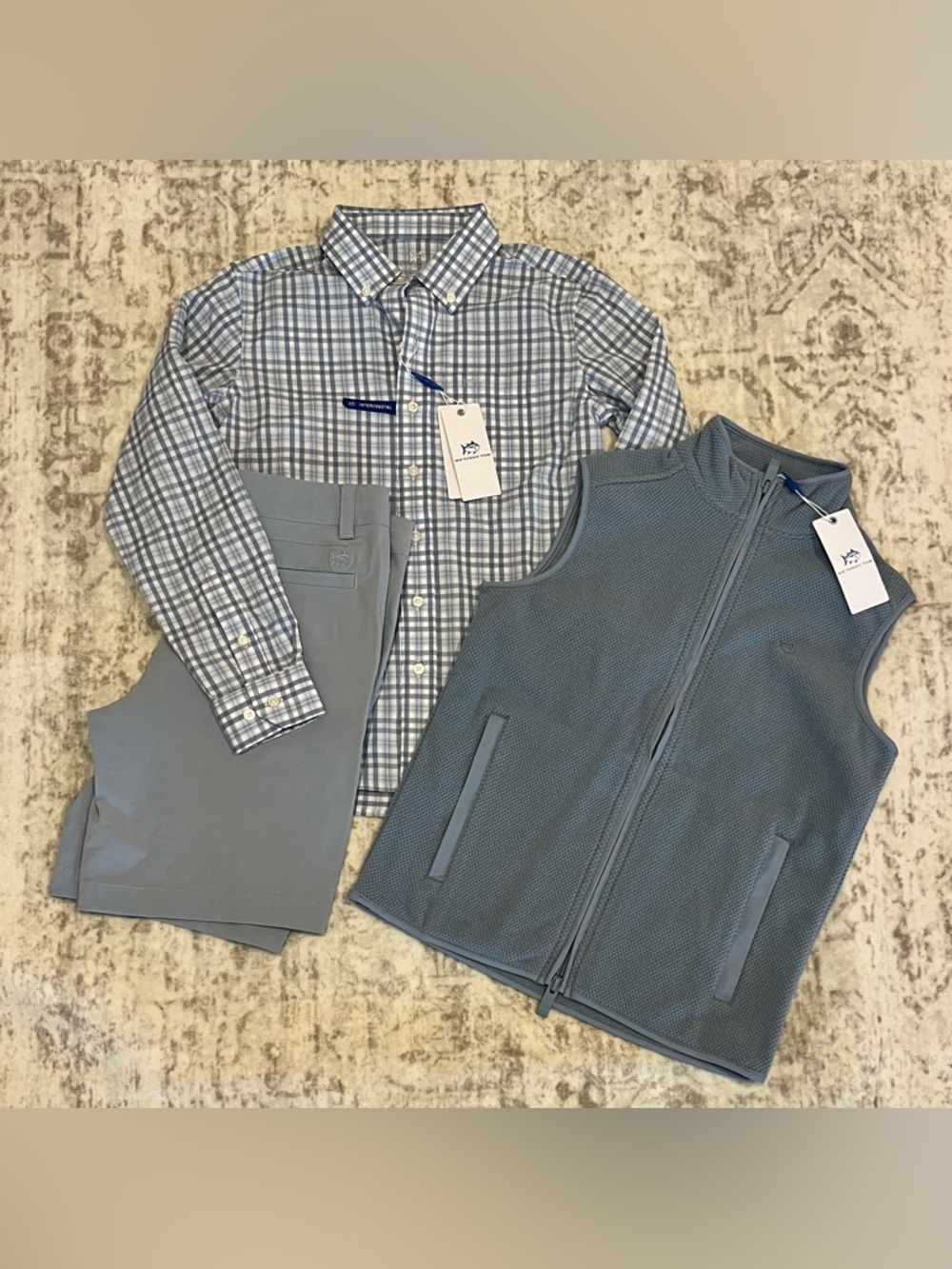 Southern Tide Boys Outfit Set (Medium 8/10) NWT – Blue Plaid Shirt, Vest & Short